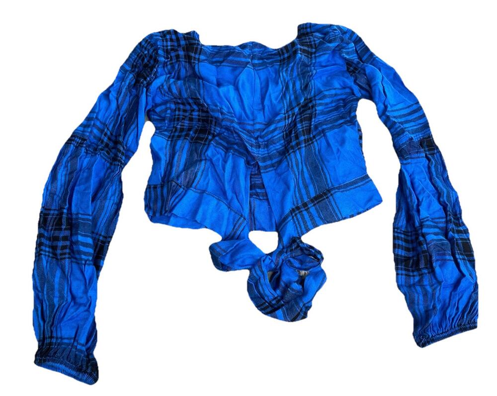 Wild Fable Ladies Crop Top Shirt Blue Plaid Long Sleeve Size Xsmall Soft